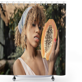 Personality  Portrait Of Trendy Young African American Woman In Headscarf And Summer Outfit Holding Cut And Ripe Papaya While Standing In Blurred Garden Center, Stylish Lady Blending Fashion And Nature Shower Curtains