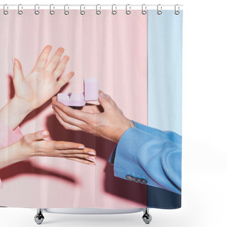 Personality  Cropped View Of Man Doing Marriage Proposal To Woman On Pink And Blue Background  Shower Curtains