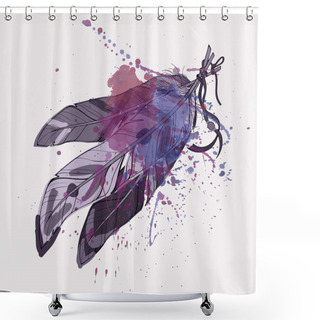 Personality  Vector Illustration Of Decorative Feathers With Watercolor Splash Shower Curtains