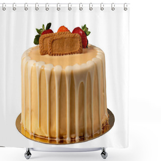 Personality  Strawberry, Biscuit And White Chocolate Birthday Cake Isolated On White Background. Chocolate Birthday Cake With Chocolate Ganache Drip Icing Shower Curtains