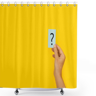 Personality  Woman Hand Holding A Paper With A Question Sign On A Yellow Background Shower Curtains
