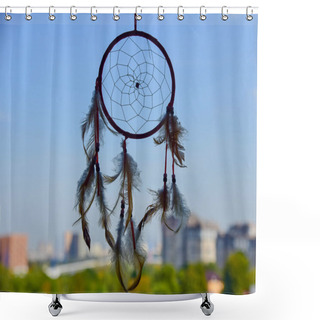 Personality  A Dreamcatcher Suspended From A Window.Outside, The Sky Is Overcast And The City Is Blurred. Shower Curtains