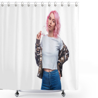 Personality  Stylish Hipster Woman With Pink Hairstyle Shower Curtains