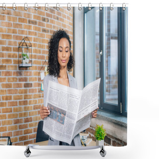 Personality  Attractive African American Casual Businesswoman Reading Business Newspaper In Loft Office Shower Curtains