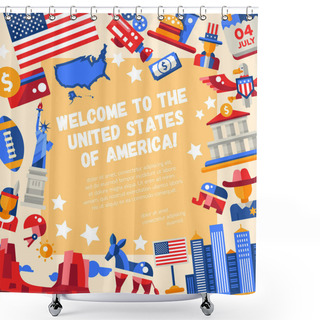 Personality  Flat Design USA Travel Flyer With Icons, Famous American Symbols Shower Curtains