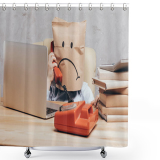 Personality  Child With Paper Bag On Head With Telephone Shower Curtains