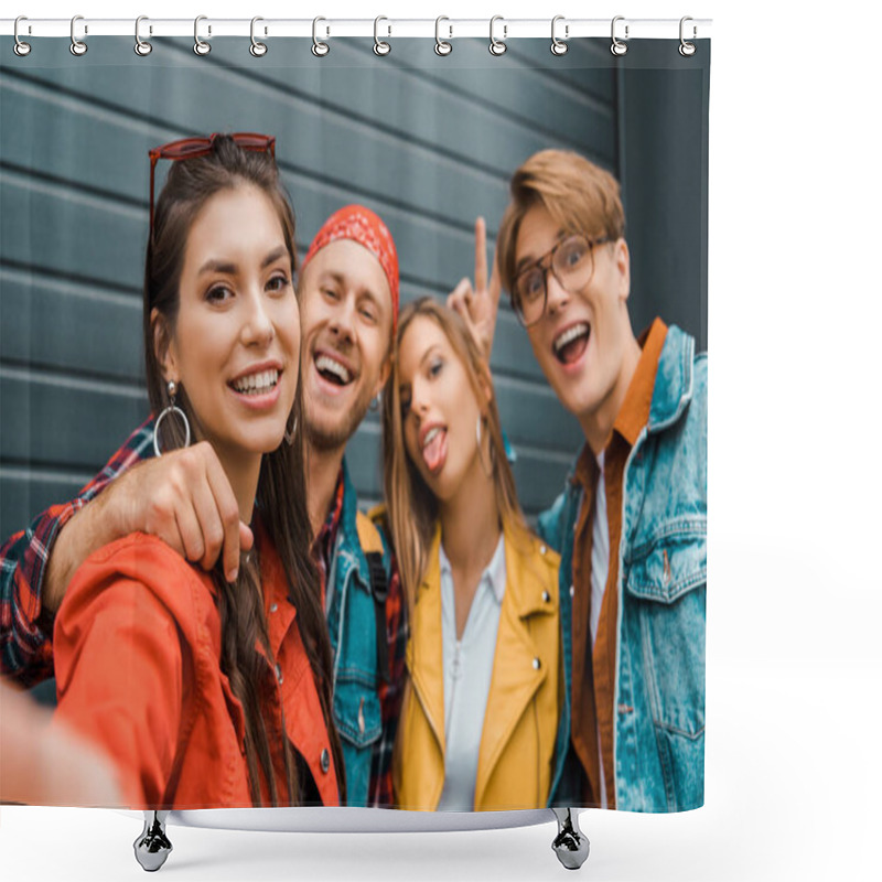 Personality  beautiful stylish hipsters taking selfie together shower curtains