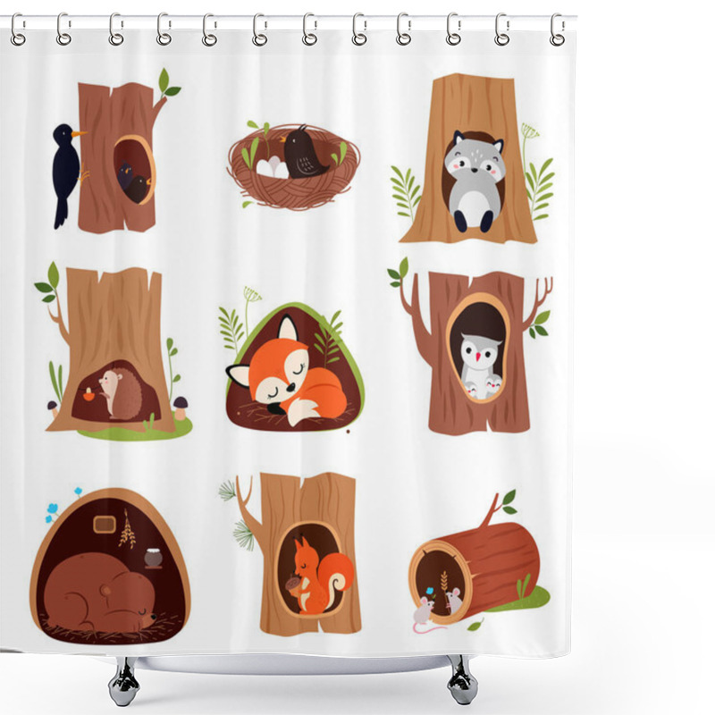 Personality  Cute Animals Sitting In Burrows And Tree Hollows Vector Set Shower Curtains