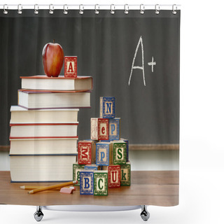 Personality  Pile Of Books With Wooden Blocks Shower Curtains