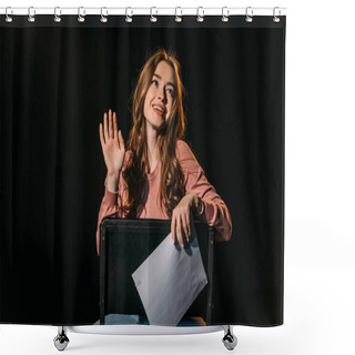 Personality  Cheerful Young Actress With Scenario Sitting On Chair On Stage In Theatre Shower Curtains
