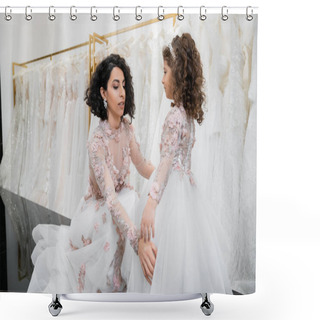Personality  Special Moment, Brunette Middle Eastern Bride In Floral Wedding Gown Adjusting Skirt Of Her Little Daughter`s Attire In Bridal Salon Around White Tulle Fabrics, Bridal Shopping, Togetherness  Shower Curtains