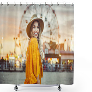 Personality  Beautiful Exited Smiling Tourist Woman Having Fun At Amusement Park At Hot Summer Day Trip On The Beach. Shower Curtains