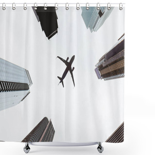 Personality  Bottom View Of Skyscrapers And Clear Sky With Airplane In New York City, Usa Shower Curtains