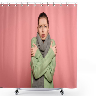 Personality  Diseased Girl In Warm Scarf Hugging Herself While Having Fever Isolated On Pink Shower Curtains