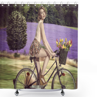 Personality  Sexy Blonde Girl Going On The Bicycle On Field Shower Curtains