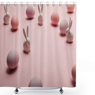 Personality  Toy Bunnies And Painted Easter Eggs On Pink Background  Shower Curtains