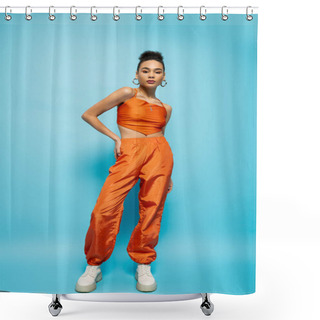 Personality  Stylish Attractive Fashion Model In Vivid Orange Attire And Accessories Posing On Blue Backdrop Shower Curtains