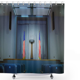Personality  Tribune For President Of The United States Political Speech In The White House. Press Campaign Room With Seats. Wooden Conference Debate Stand With Microphones On Stage. American Flags In Background. Shower Curtains