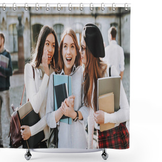 Personality  Students. Courtyard. Books. Best Friend Forever. Intelligence. Girls. Happy Together. Standing. Good Mood. University. Knowledge. Architecture. Happiness. Celebration. Campus. Friends. Happy. Shower Curtains