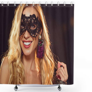 Personality  Attractive Cheerful Girl In Black Masquerade Mask Shower Curtains