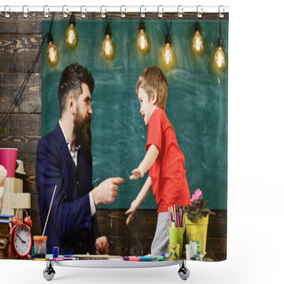 Personality  Teacher With Beard, Father And Little Son Having Fun In Classroom, Chalkboard On Background. Child Cheerful And Teacher Painting, Drawing. Talented Artist Spend Time With Son. Fatherhood Concept Shower Curtains
