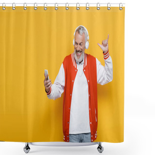 Personality  Positive Middle Aged Man In Headphones Taking Selfie While Showing Hang Loose Gesture On Yellow  Shower Curtains