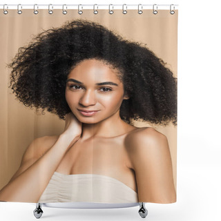 Personality  African American Woman With Bare Shoulders Looking At Camera On Beige  Shower Curtains