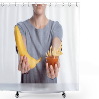 Personality  Cropped Shot Of Girl Holding Ripe Banana And Ketchup With French Fries  Shower Curtains