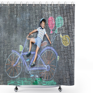 Personality  Happy Little Kid Boy Having Fun With Bicycle And Air Balloons Picture Drawing With Colorful Chalks On Ground. Children, Lifestyle, Fun Concept. Funny Child Playing And Dreaming Shower Curtains