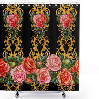 Personality  Horizontal Floral Border. Pattern, Seamless. Garland Of Flowers. Beautiful Bright Orange Rose, Buds, Green Leaves, Rough Cloth, Canvas. Golden Curls, Shiny Tracery Weave. Vintage Old Background. Shower Curtains