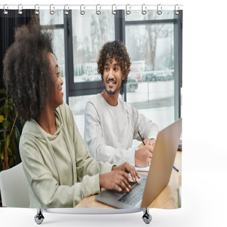 Personality  Multicultural Students Engage In Collaborative Studies At A Table With A Laptop In A Modern Coworking Space. Shower Curtains