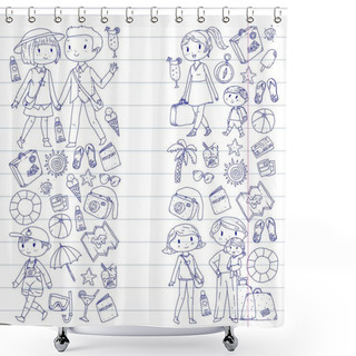 Personality  Family With Children Travel Mother, Father, Sister, Brother. Boys And Girls. Kindergarten, Preschool Children. School Kids. Adventure, Exploration And Family Vacation Or Holidays Beach, Diving Shower Curtains