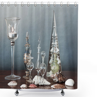 Personality  Still Life, Glass,bottles,candle,shells Shower Curtains