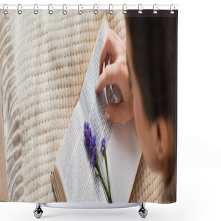 Personality  High Angle View Of Blurred Young Woman Reading Book With Purple Flower While Resting On Bed At Home, Banner Shower Curtains
