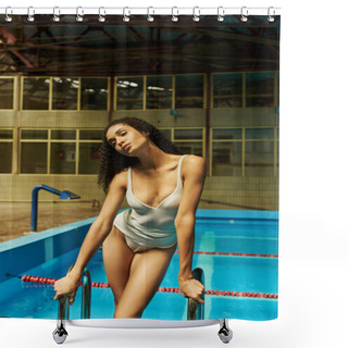 Personality  Relaxed Young African American Woman With Wet Curly Hair Standing Near Pool Ladder, Serenity Shower Curtains