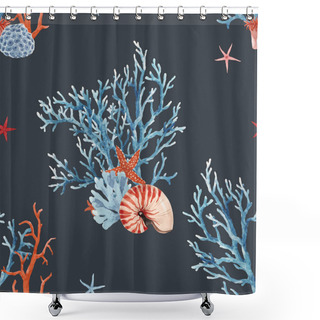 Personality  Beautiful Seamless Underwater Pattern With Watercolor Sea Life Coral Shell And Starfish. Stock Illustration. Shower Curtains