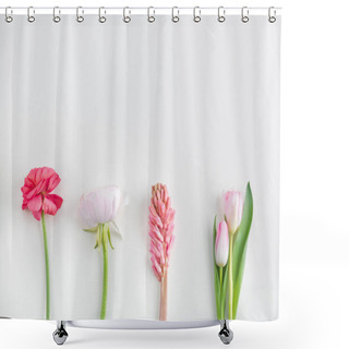 Personality  Top View Of Cut Flowers In A Row On White Surface Shower Curtains