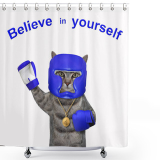 Personality  A Gray Cat Athlete With A Golden First Place Medal Dressed A Blue Boxing Uniform. Believe Yourself. White Background. Isolated. Shower Curtains