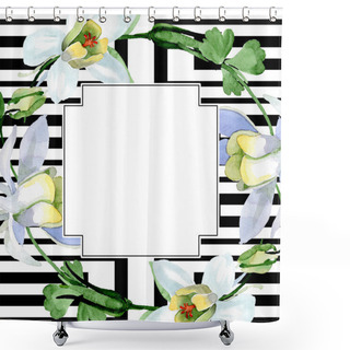 Personality  White Aquilegia Flowers. Frame Border Ornament Square. Watercolor Background Illustration. Beautiful Aquilegia Flowers Drawing In Aquarelle Style. Shower Curtains
