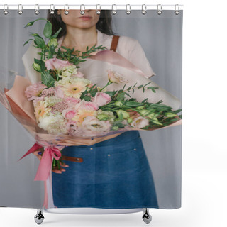 Personality  Very Beautiful Florist Woman Holding A Beautiful Colorful Bloomi Shower Curtains