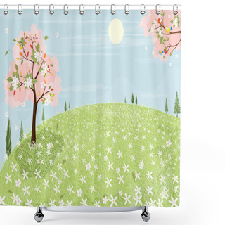 Personality  Spring Landscape Green Field With Cherry Blossom Frame,Vector Cartoon Summer Scene With Bird On White Sakura Branches And Daisy Field.Cute Banner For Hello Spring Or Summer Time Bakground Shower Curtains