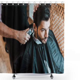 Personality  Barber Holding Trimmer While Styling Hair Of Handsome Man In Barbershop  Shower Curtains