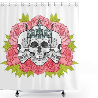 Personality  Mystical Drawing:  Three Human Skulls, Bouquet Of Flowers. Magic, Esoteric, Occultism. Vector Illustration Isolated On White Background. Print, Poster, T-shirt, Card.  Shower Curtains