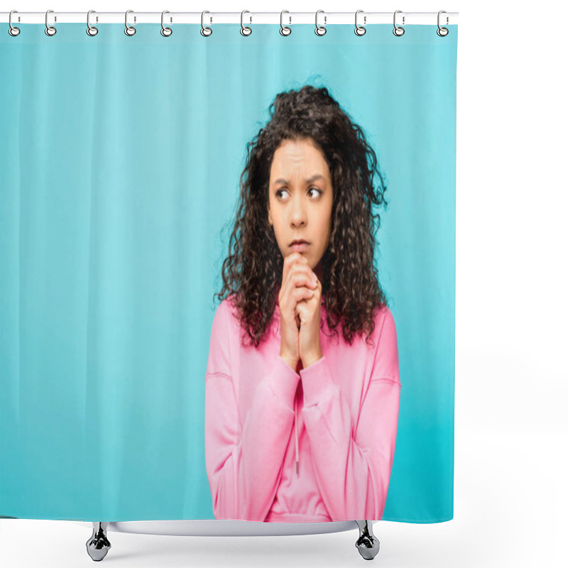 Personality  worried african american young woman standing isolated on blue  shower curtains