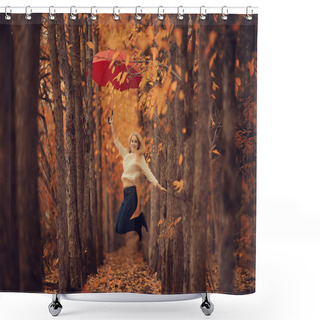 Personality  Girl With A Red Umbrella, Flying On An Umbrella, Jumping And Having Fun In A Yellow Autumn Landscape Shower Curtains
