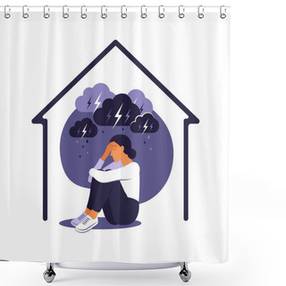 Personality  Domestic Violence Against Women Concept. Woman Sits Alone At Home Under Rainy Stormy Cloud. Her Embraces Her Body In Pain. Flat Vector Shower Curtains