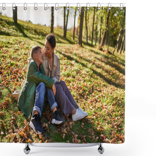 Personality  Motherly Love, Cheerful African American Woman And Son Sitting On Grass With Golden Leaves, Autumn Shower Curtains