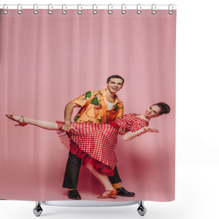 Personality  Elegant Dancer Supporting Partner While Dancing Boogie-woogie On Pink Background Shower Curtains