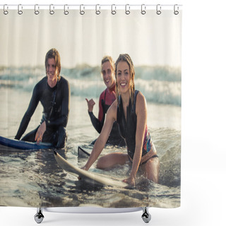 Personality  Group Of Surfers Sitting On Boards Shower Curtains
