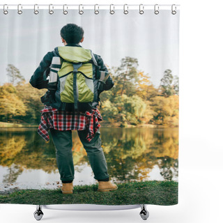 Personality  Rear View Of Traveller With Backpack On Autumnal Background Shower Curtains
